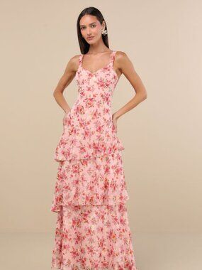 NWT Lulus Laurette Pink Floral Tiered Sleeveless Maxi Dress - Size M